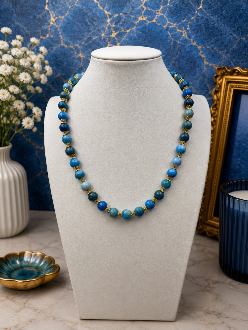 Blue Polished Apatite gold accent hand knotted 22 inch necklace Aprilsplace